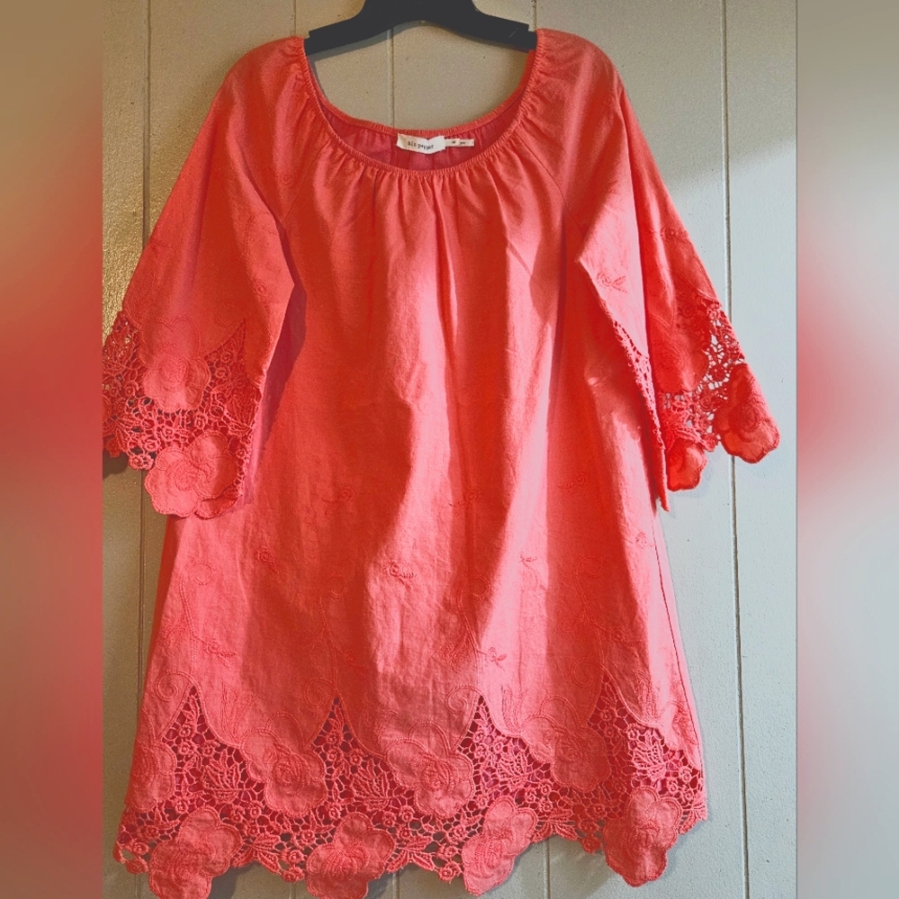 Blu Pepper Coral Tunic Dress w Lace & Embroidery - Size M